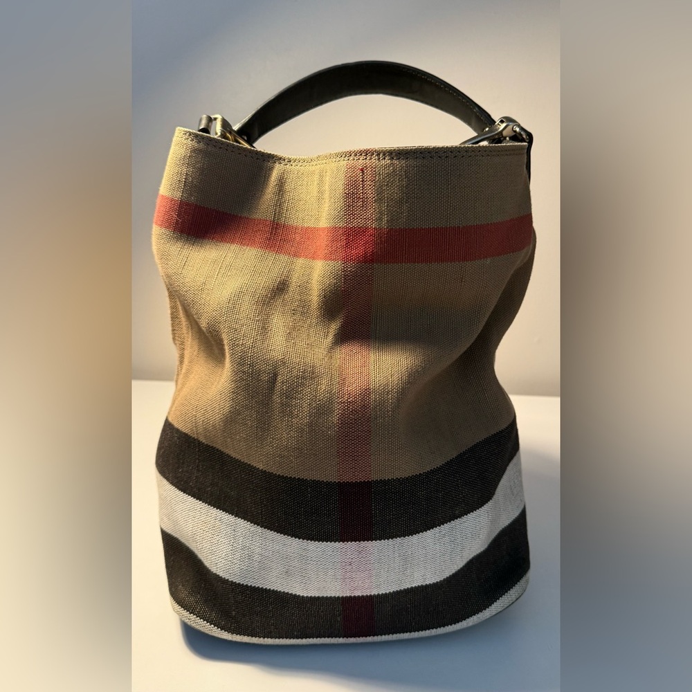 Burberry Susanna Jute Check Bucket Bag w/dust bag and removable zippered pouch